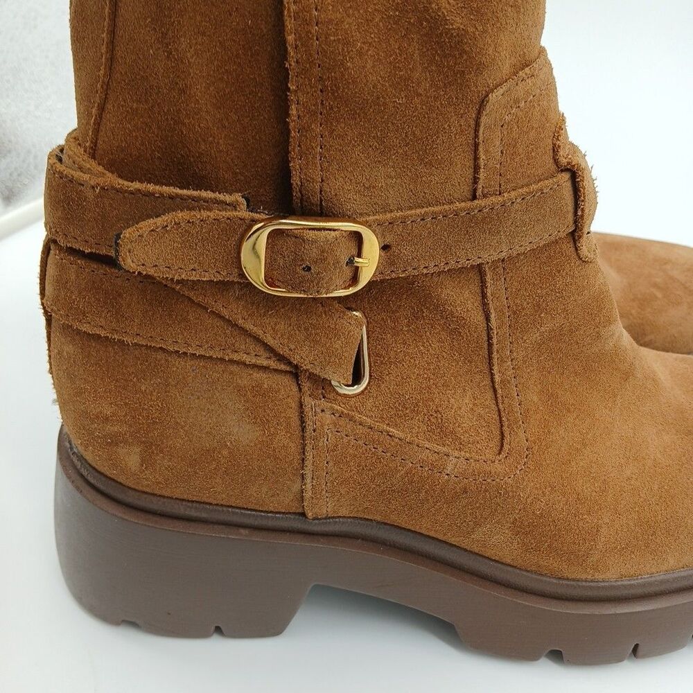 Steve Madden Coletta Lug Sole Tan Suede Buckle Ankle Booties Size 7 - Picture 2 of 10
